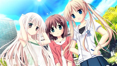 akizuki tsukasa aqua blonde hair blue eyes brown hair game cg minami rin nonomiya chisa sky