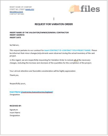 request letter  variation order construction documents  templates