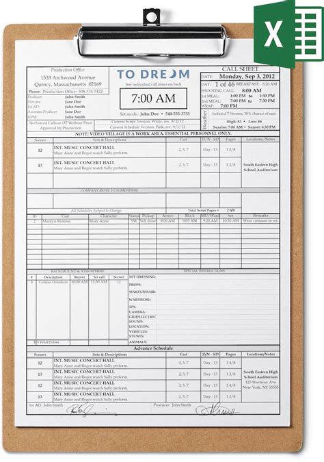 professional call sheet template  excel  clipboard templates