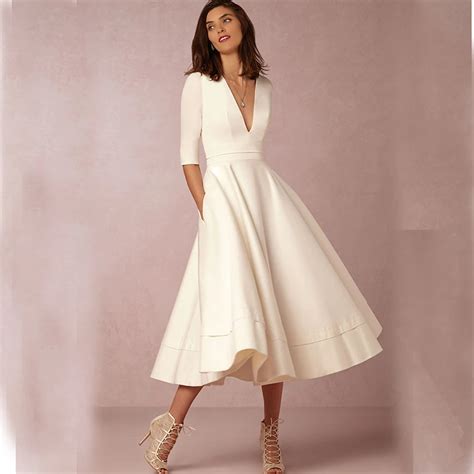 nieuwe zomer elegante vrouwen midden lange witte jurk vrouwelijke party solid mooie korte