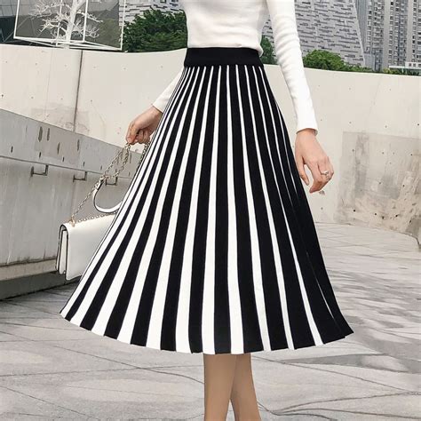 contrast color knitted pleated skirts womens autumn winter knit high