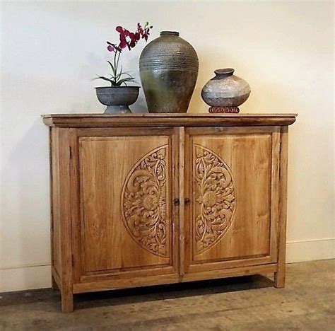 reclaimed teak bali console cabinet  carved lotus