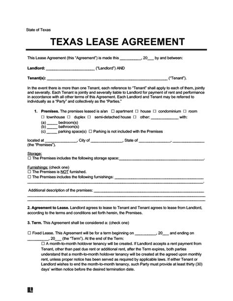 texas residential lease agreement template  word