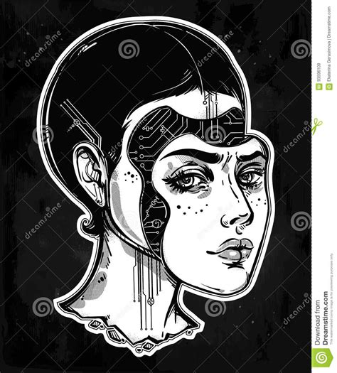 Robot Or Cyborg Girl Portrait Illustration Stock Vector