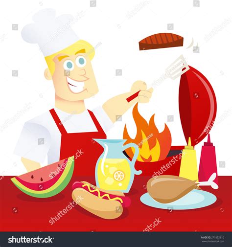 cartoon vector illustration  summer bbq  happy guy  apron barbecuing meat  front