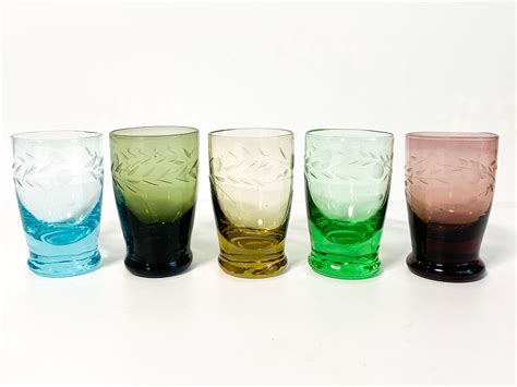 vintage etched cordial multi colored glasses  etched hand blown