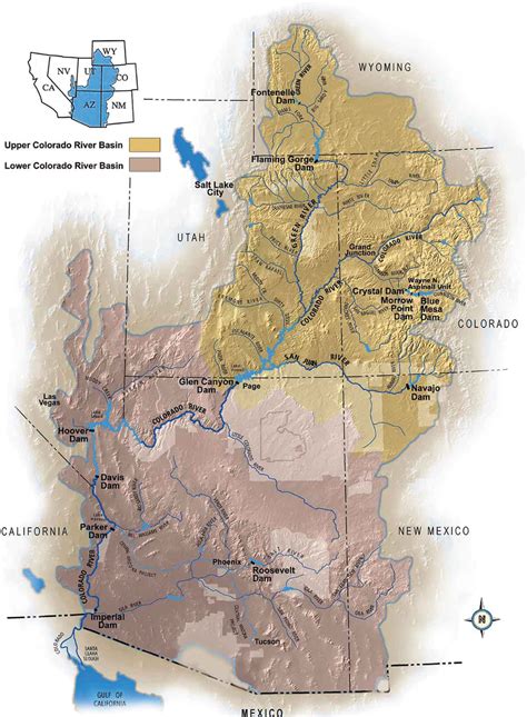 map of the colorado river basin showing the locations of major dams and