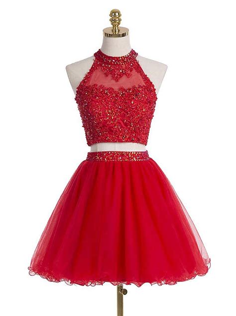 New Arrival Evening Dress Two Piece Homecoming Dress Red Tulle Prom