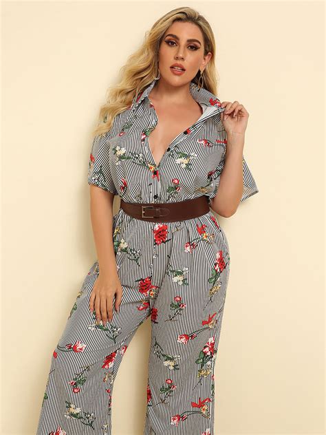 Plus Size Jumpsuit Für Frauen Black Strips Pattern Turndown Collar