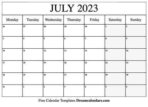 july  calendar  blank printable  holidays