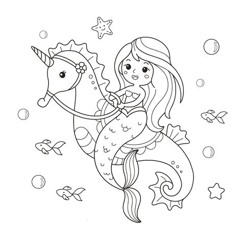 cute mermaid riding  seahorse drawing coloring page illustration