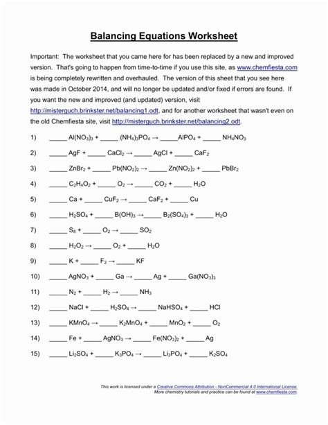 balancing equation worksheet  answers luxury balancing equations