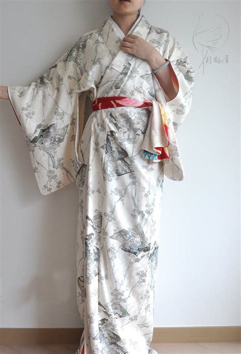Japanese White Silk Long Kimono Robe Vintage Authentic Floral Etsy