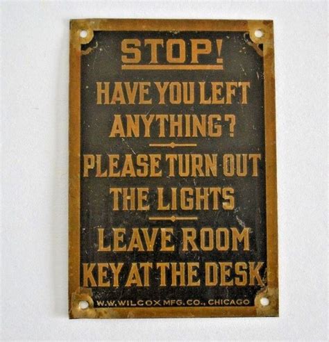 Vintage Hotel Motel Stop Sign Brass Plaque Room Key At