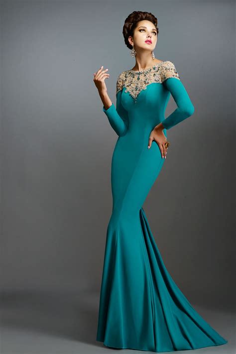 vimans mermaid turquoise evening gowns long sleeve dress 2016 new