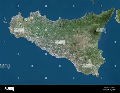 Satellite View Of Sicily Italy Mount Etna On The East Coast Of Stock