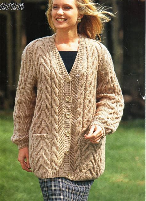 womens aran cardigan knitting pattern pdf ladies cable jacket etsy