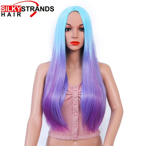 ombre synthetic cosplay wigs silky strands purple blue long straight female wigs  women