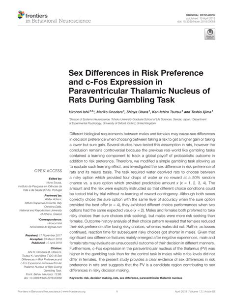 pdf sex differences in risk preference and c fos