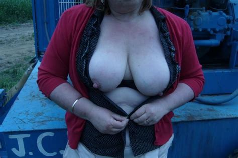 bbw wife shows her granny panties and tits outdoors