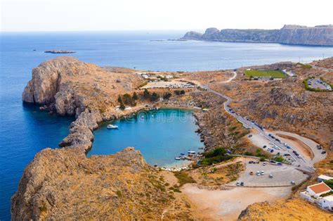 View Of Saint Pauls Bay From Acropolis Lindos Rhodes Greece Stock