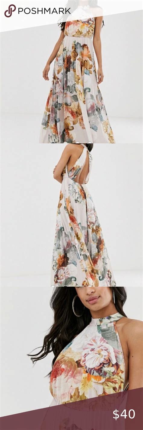 asos design floral halter maxi dress pleated skirt pleated dress maxi dress pleated skirt