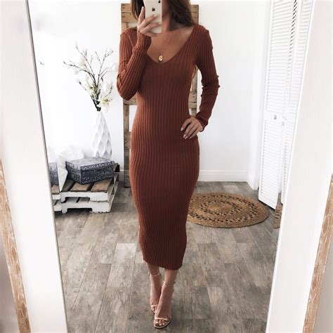 Knitted Sweater Bodycon Long Dresses V Neck Sleeve Sexy Midi Elastic