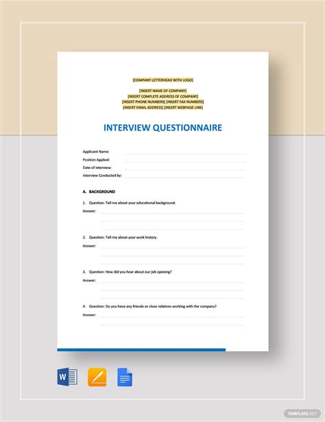 interview questionnaire template   word google docs apple