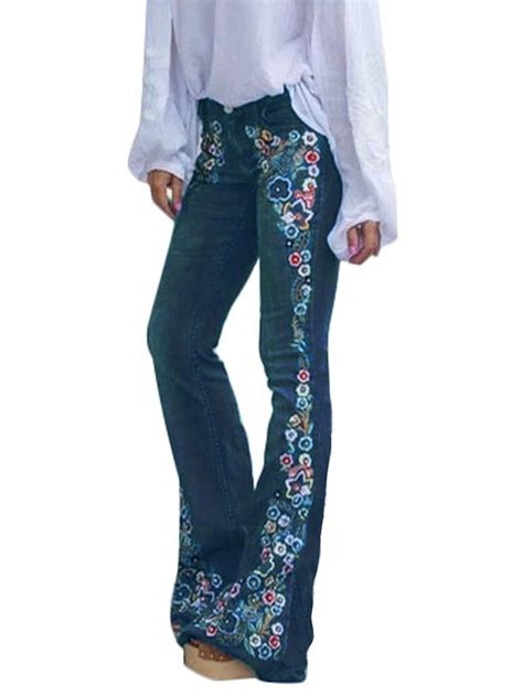sexy dance fashion denim flare pants women retro embroidered floral