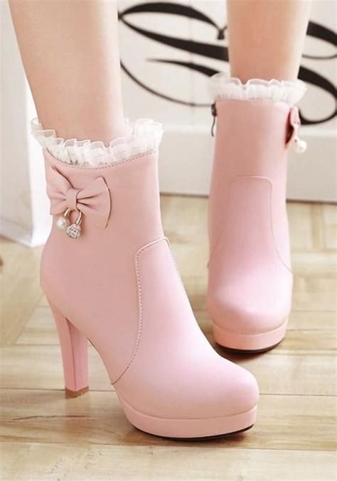 new women pink round toe chunky bow lace stitching fashion ankle boots
