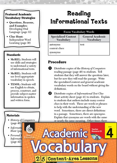 reading informational texts academic vocabulary level  teachers