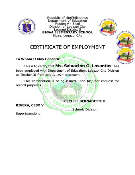 certificate  employment restaurant sample