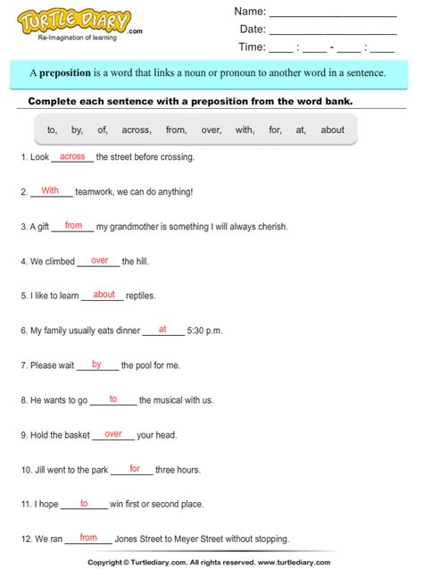 choose  preposition  complete  sentence worksheet turtle diary