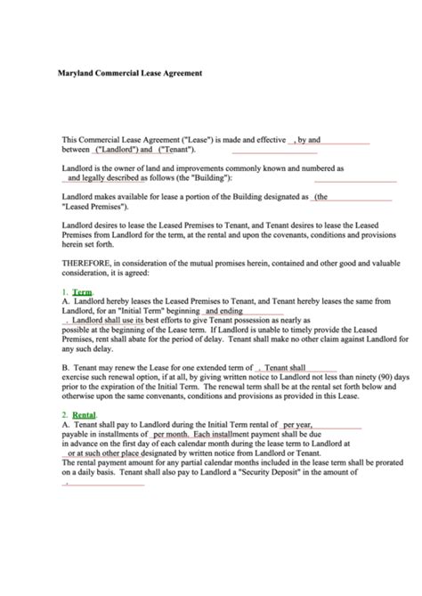 fillable maryland commercial lease agreement form printable