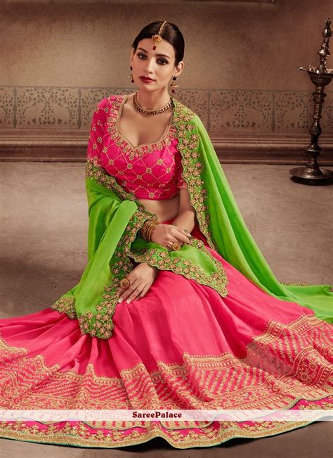 Buy Renowned Fancy Fabric Green And Hot Pink Embroidered