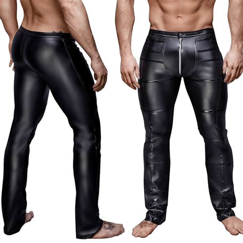 Wetlook Black Mens Faux Leather Zipper Crotch Tight Pants Legging