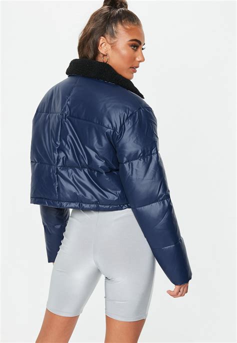 navy crop oversized puffer jacket missguided ireland