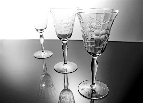 wheel cut wine glasses optic floral and leaf design set of three