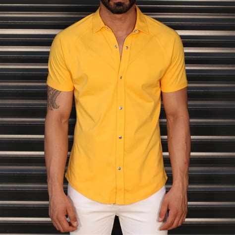 mens button short sleeve muscle fit shirt  yellow