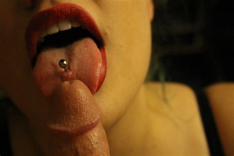 red lipstick and tongue piercing licking tip of cock porn photo eporner