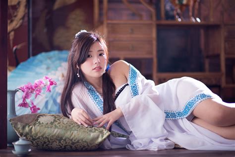 wallpaper women model brunette long hair asian white clothing lying on side pillow