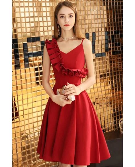 red chic short aline semi formal dress  asymmetrical straps