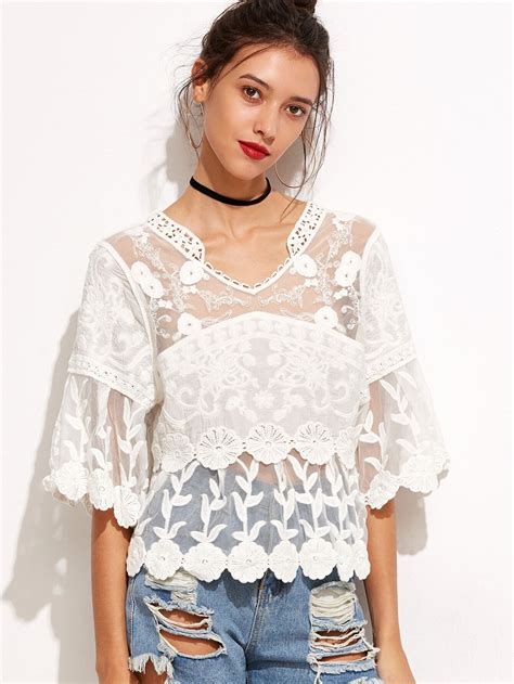 White Lace Embroidered Semi Sheer Blouse Shein Sheinside