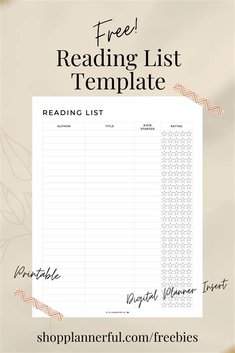 freebie reading list template plannerful