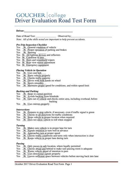 printable driver evaluation road test form printable templates