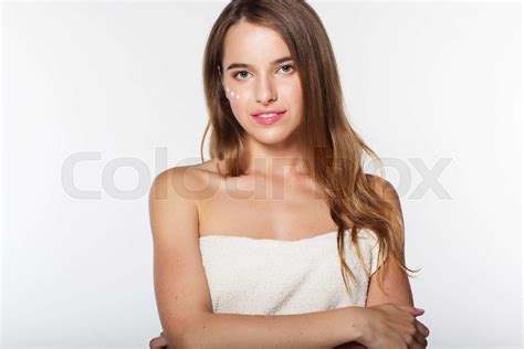 Girl In Towel After Shower With Perfect Skin Stock Image Colourbox