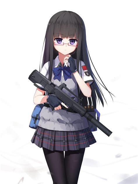 Wallpaper Gun Long Hair Anime Girls Glasses Weapon
