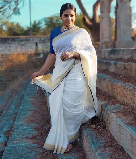 Anusithara In Kerala Saree Violet Blouse Saree Photoshoot Glam