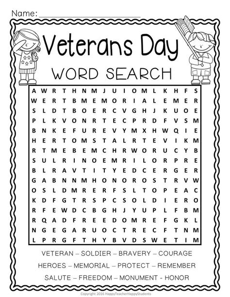 veterans day word search activity includes veteran soldier