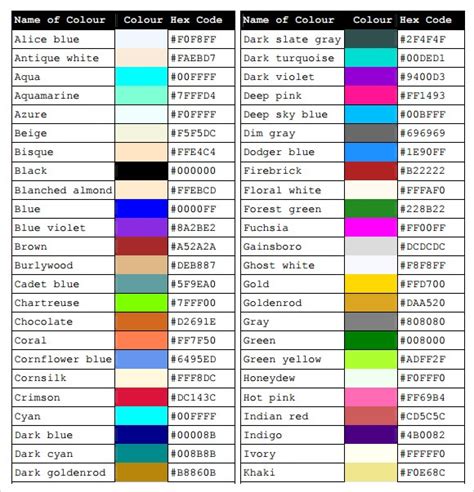 css color codes list ariaatrcom
